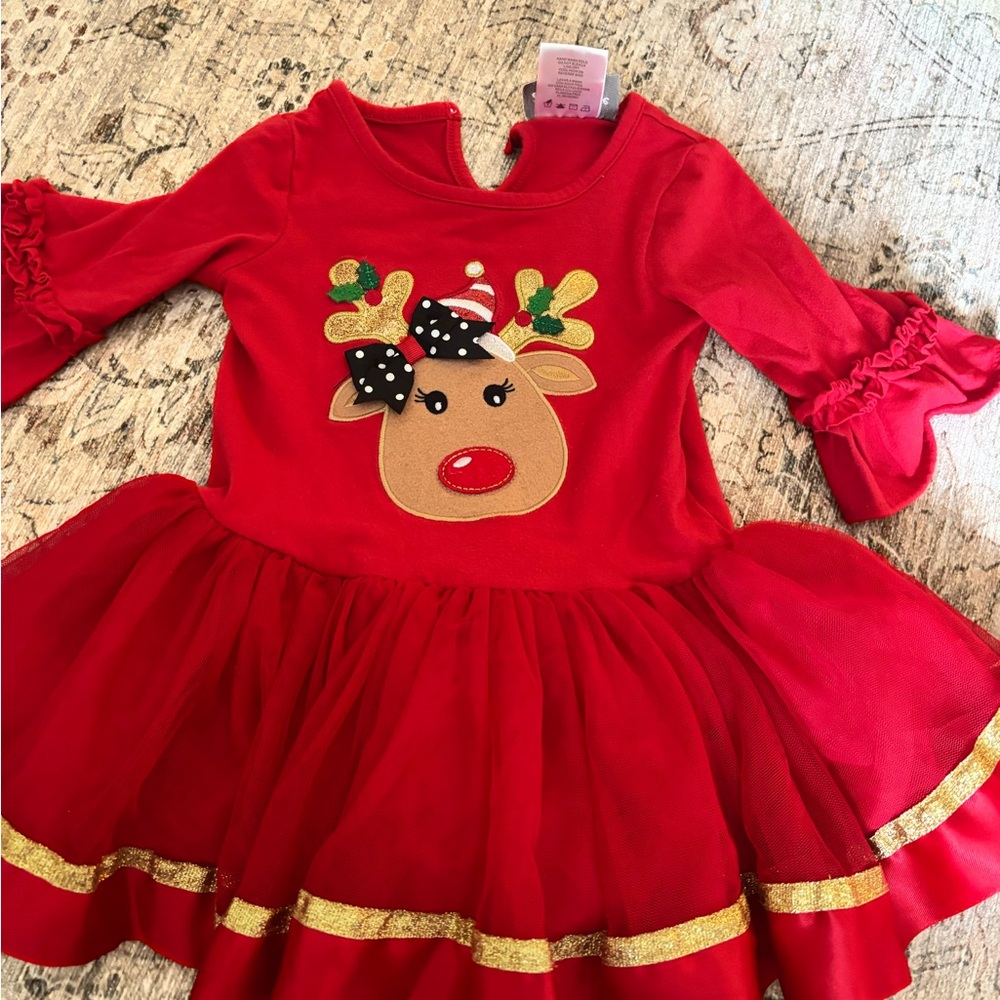 Emily Rose Red Reindeer Dress with Gold Trim